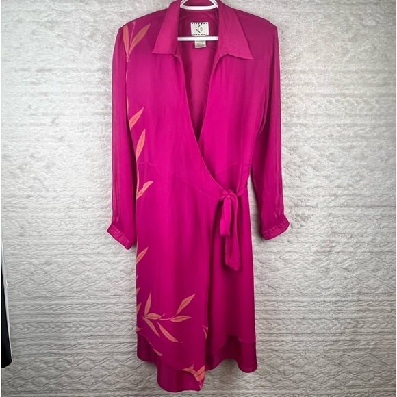 Vintage ICE Women’s Silk Chiffon Fairy Wrap Dress Pink Tropical Palm Print Sz 14 - Picture 3 of 16